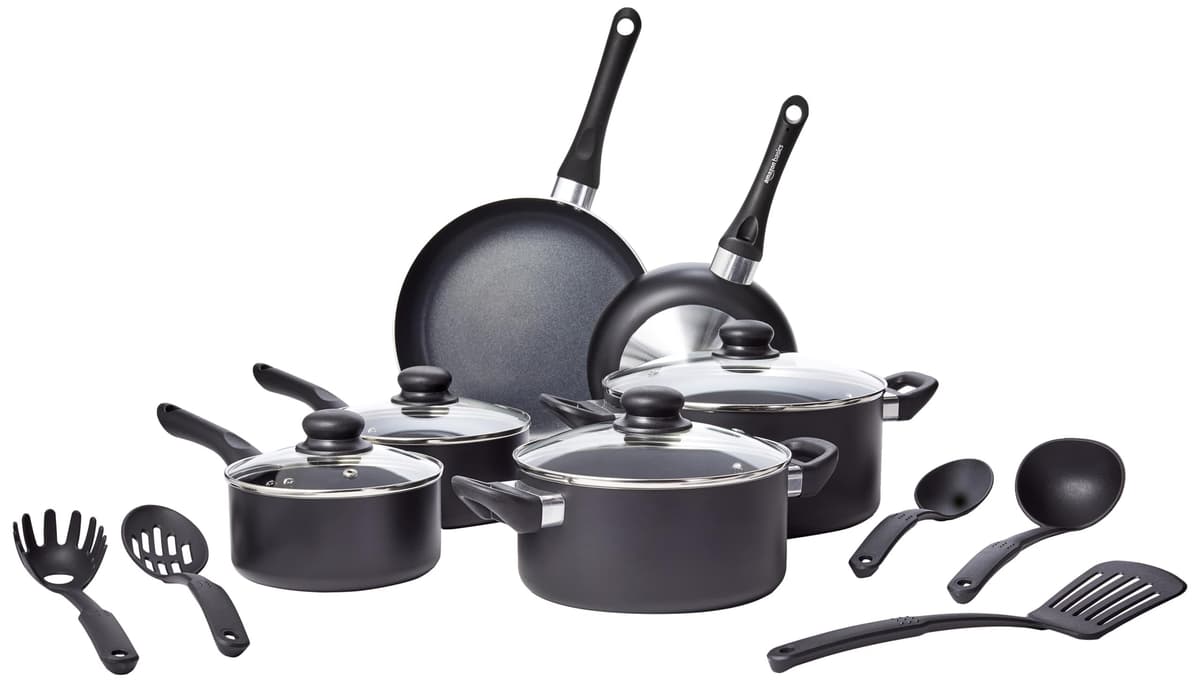 Amazon Basics Juego de utensilios de cocina antiadherentes, 15 piezas, Negro — view 10