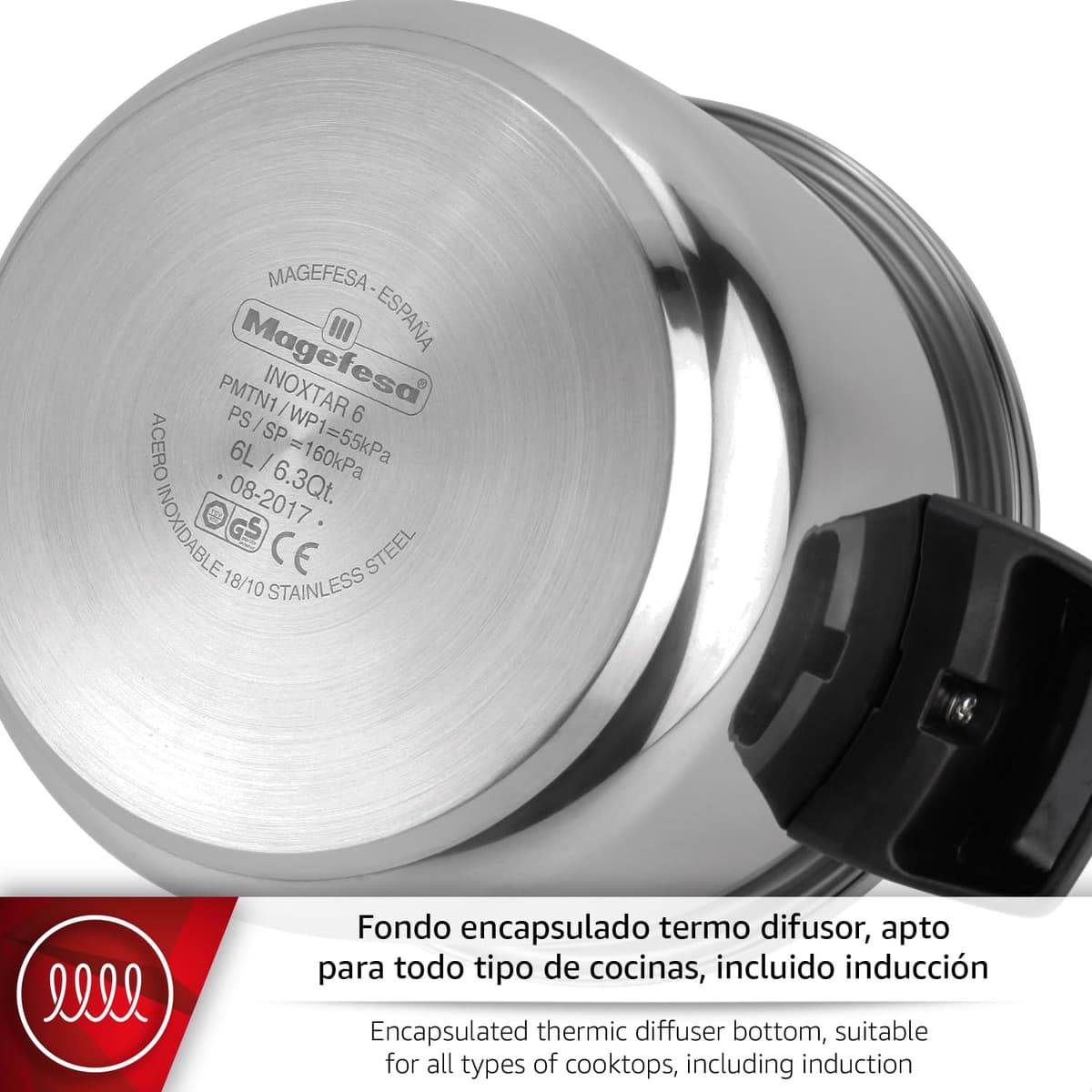 Magefesa Inoxtar - Olla Express Tradicional de 8 Litros + Cestillo, Acero Inoxidable 18/10, Inducción, Cocina Sana, Pomo Rotatorio, Fondo Termodifusor — view 5
