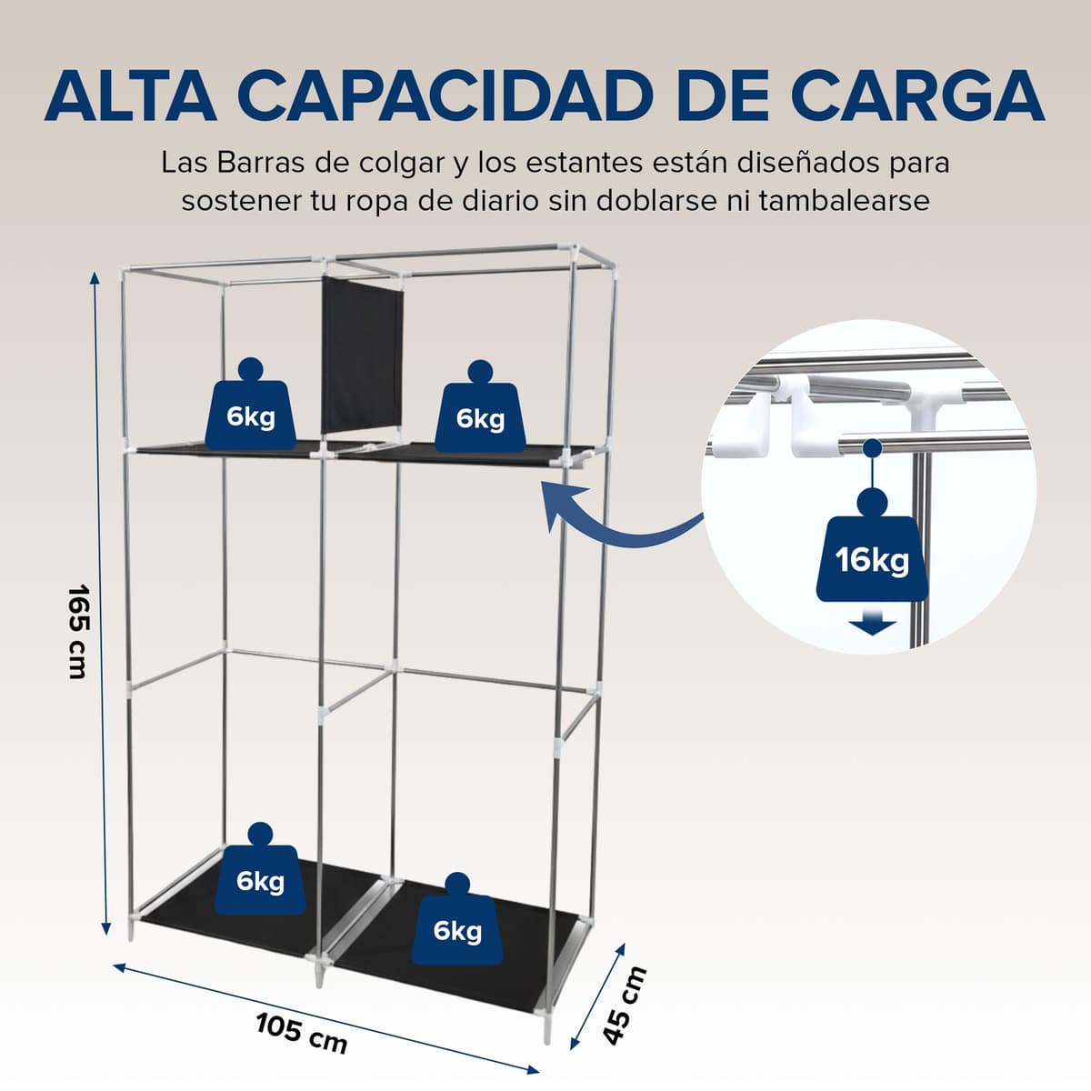 BILSOS Armario de tela105x45x165cm con 2 Barras para Colgar, 4 estantes, 3 Perchas Plegables y 3 Fundas, Armario ropero Tipo Burro Ropa Resistente - Closet Organizador — view 5