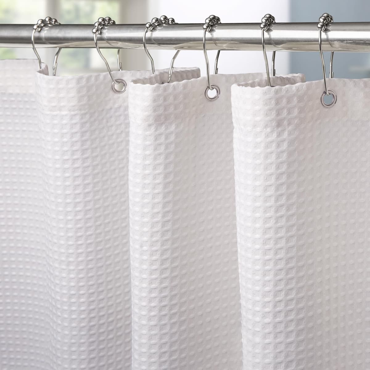 Cortina de Ducha para Baño Impermeable con Ganchos de Metal Cortina de Ducha de Tela Waffle Cortina de Baño Resistente y Antimoho para Bañera o Cabina - 152 x 182 cm (Blanco)