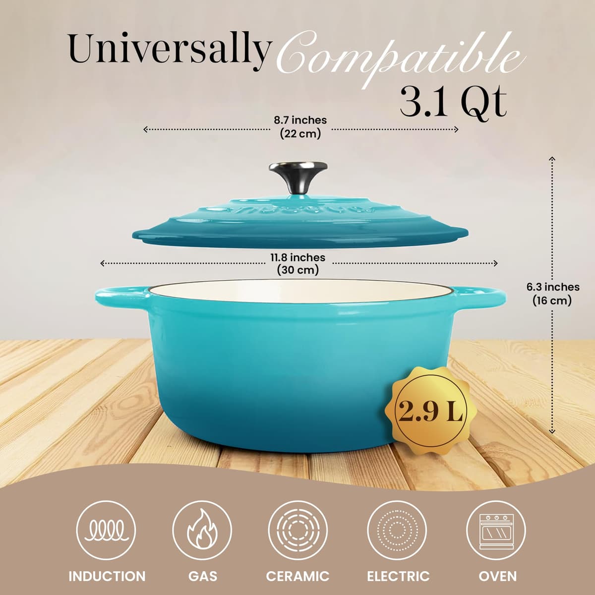 Nuovva Enamelled Cast Iron Dutch Oven Pot with Lid – 3.1 Quart Casserole Dish – Ceramic Dutch Oven for Bread Baking, Roasting, Braising & Stews – Oven Safe up to 500°F – 22cm Teal — view 2