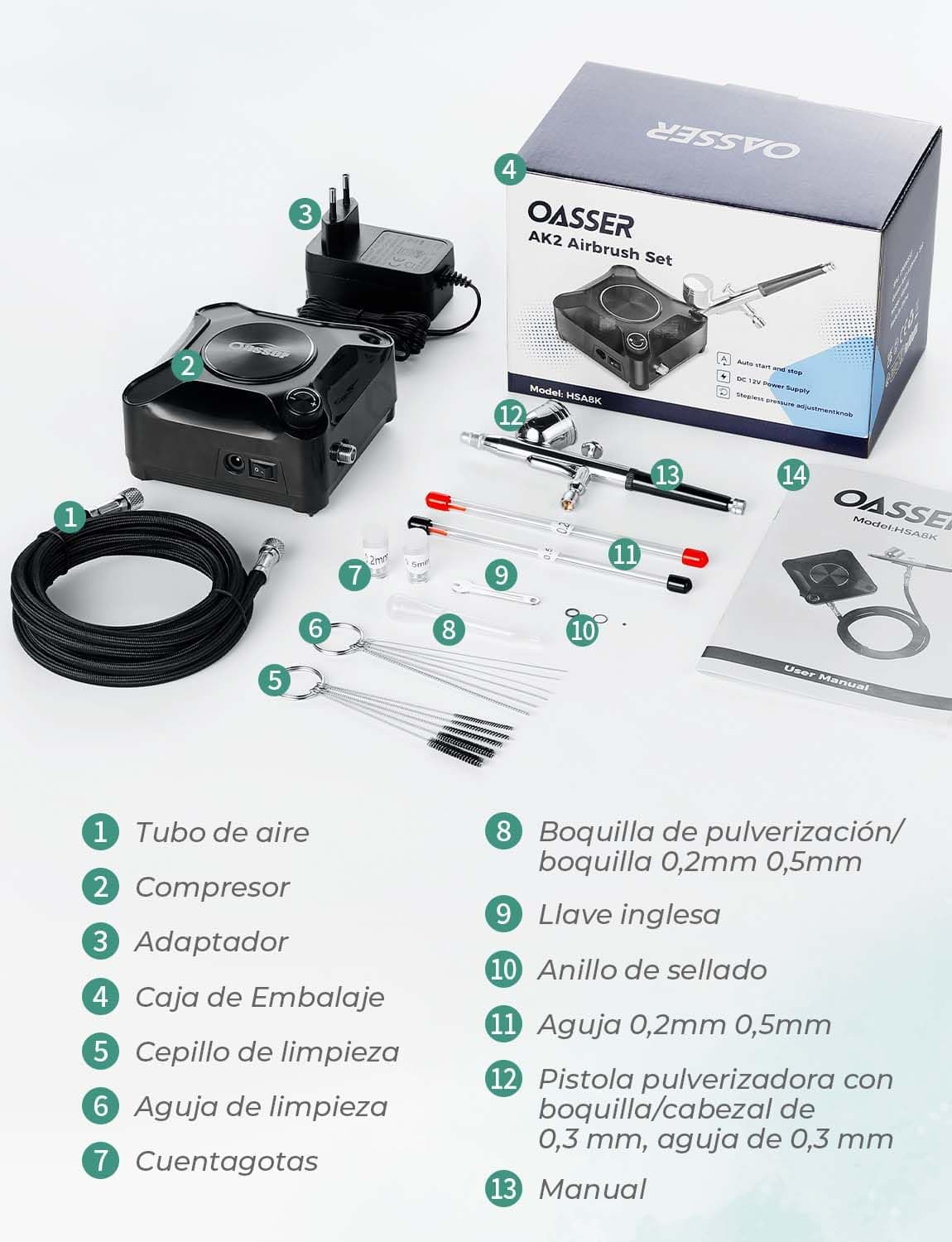 Oasser Kit Aerógrafo con Compresor Profesional Airbrush 36PSI Doble Acción Juego Pistola Regulación Voltaje Continua Modelos Decoración Tartas Uñas — view 8