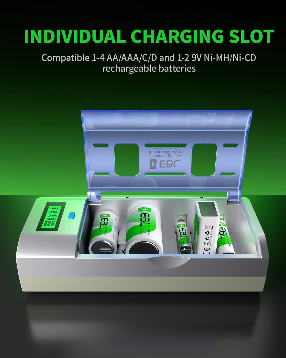 EBL Rechargeable D Batteries with Charger - LCD Universal Smart Battery Charger for C D AA AAA 9V Ni-MH Ni-CD Batteries With D Batteries (4 PACK) — view 3