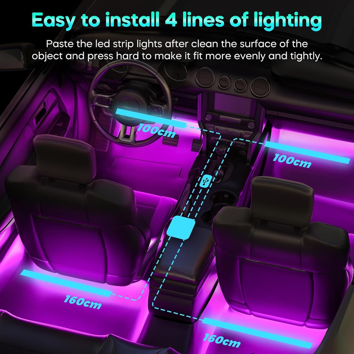 Winzwon Led Lights for Car Accessories Interior, Gifts for Mothers Day Him Her Men Women Teen Boys Girls, APP Control with USB Port Color Change Lights for Truck Decor — view 5