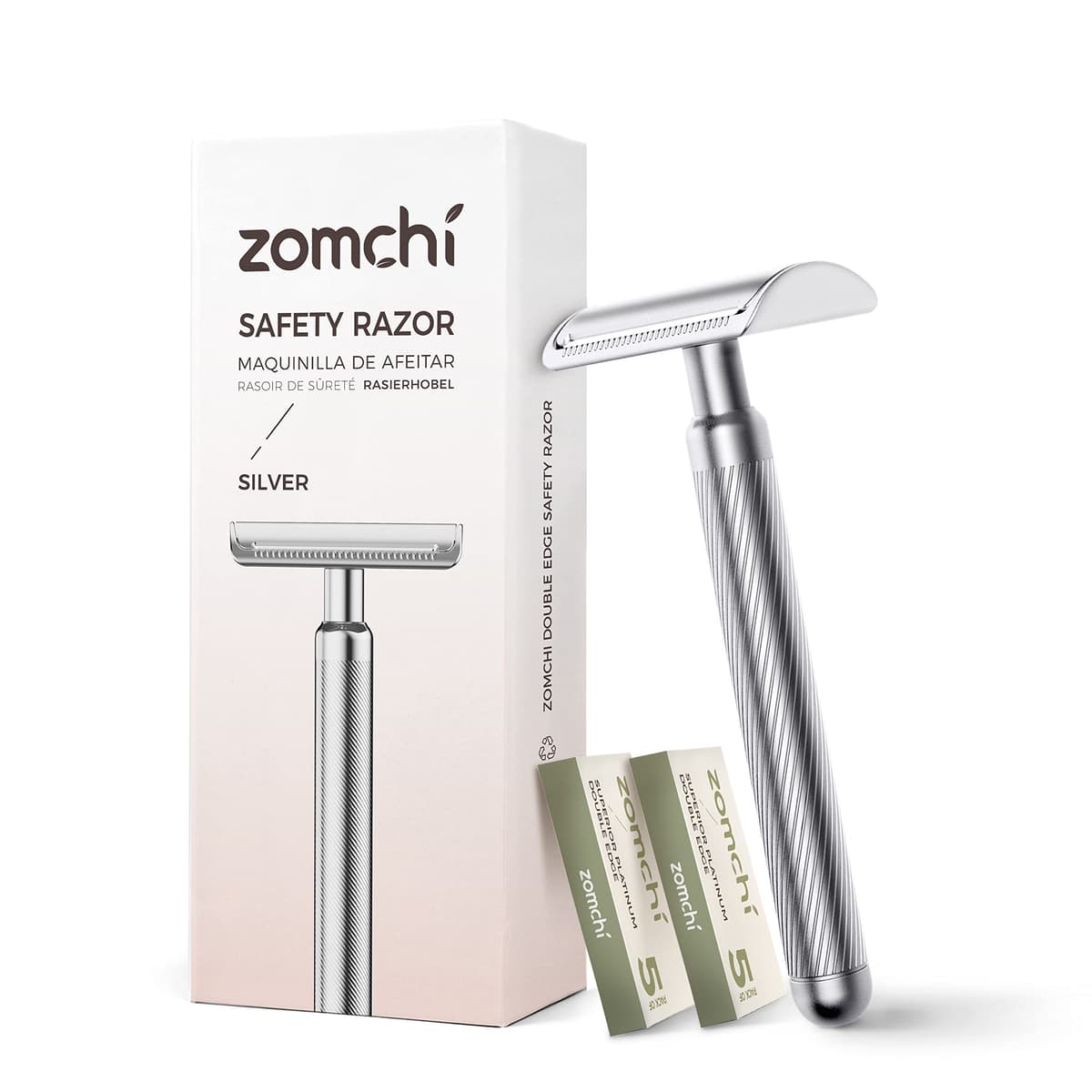 ZOMCHI Maquinilla de Afeitar de Seguridad de Doble Filo para Hombres y Mujeres, de Metal Premium con 10 Hojas de Doble Filo, de Una Sola Hoja - Plata Noble