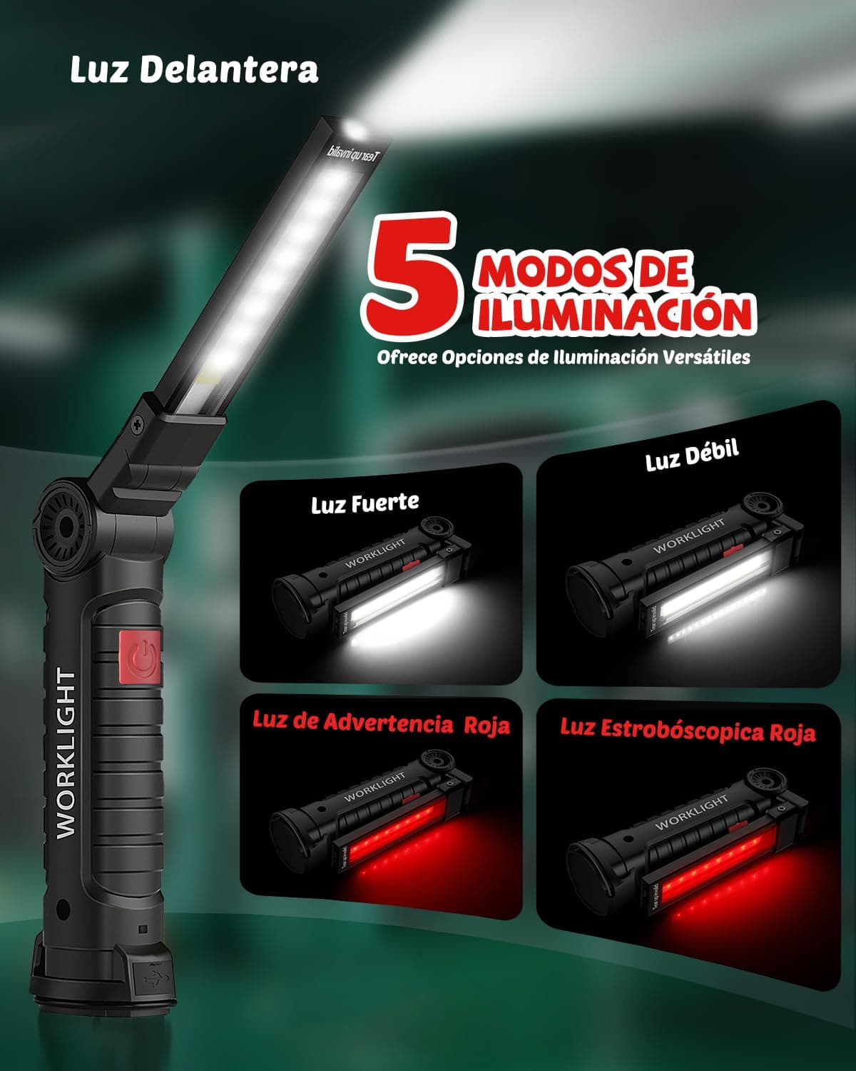 Coquimbo Regalo Hombre Linterna Taller LED Recargable, Linterna Portátil de Trabajo Lámpara de Inspección con Magnética Base y Gancho para Taller Cámping Emergencia(2 Piezas, Negro) — view 2