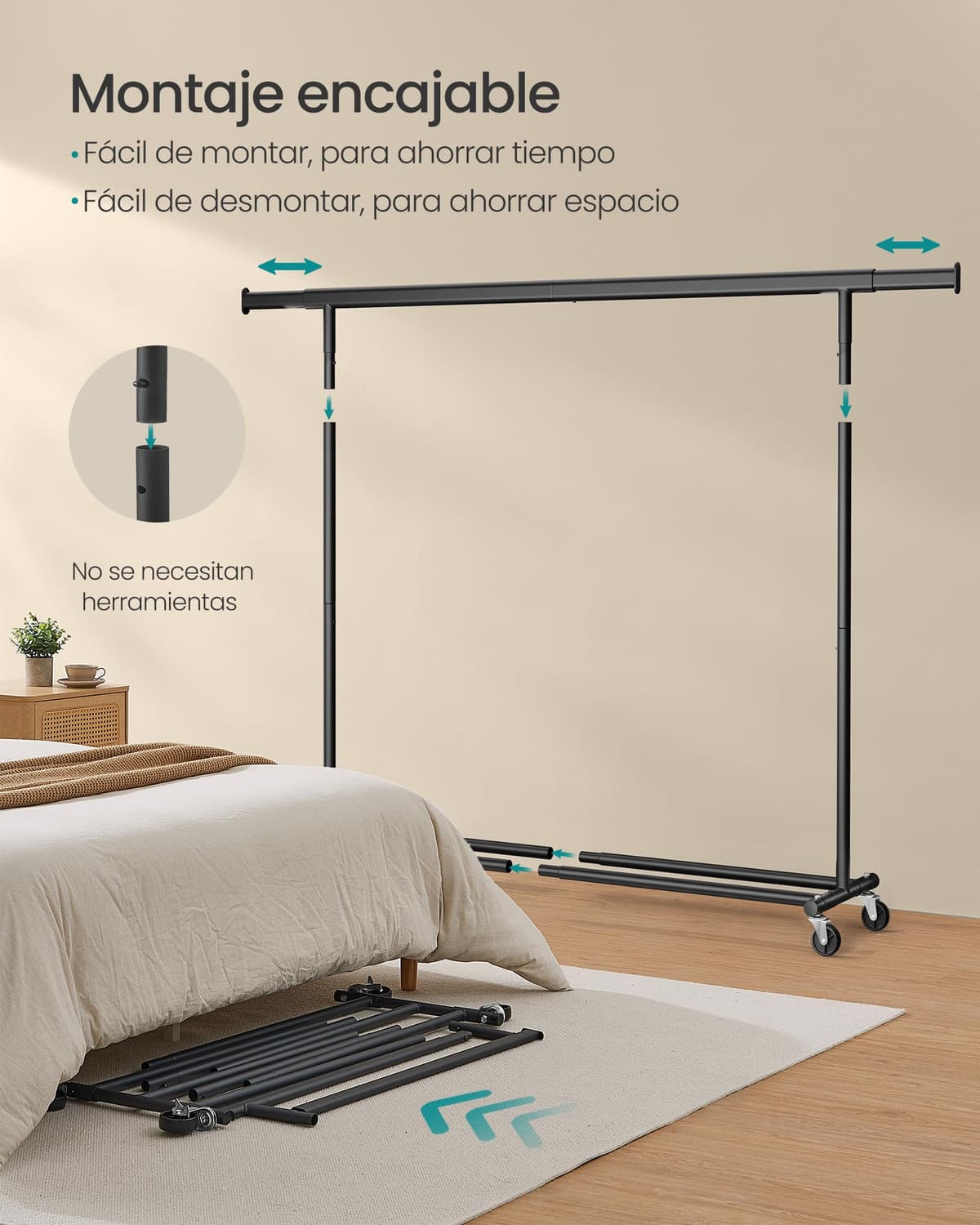 SONGMICS Burro Ropa con Ruedas, Perchero Burro Extensible con Carga Pesada, Capacidad de Carga Máx. de 150 kg, 45 x (160-200) x 161,5 cm, Fácil de Montar, Portátil, Negro HSR175B01 — view 5