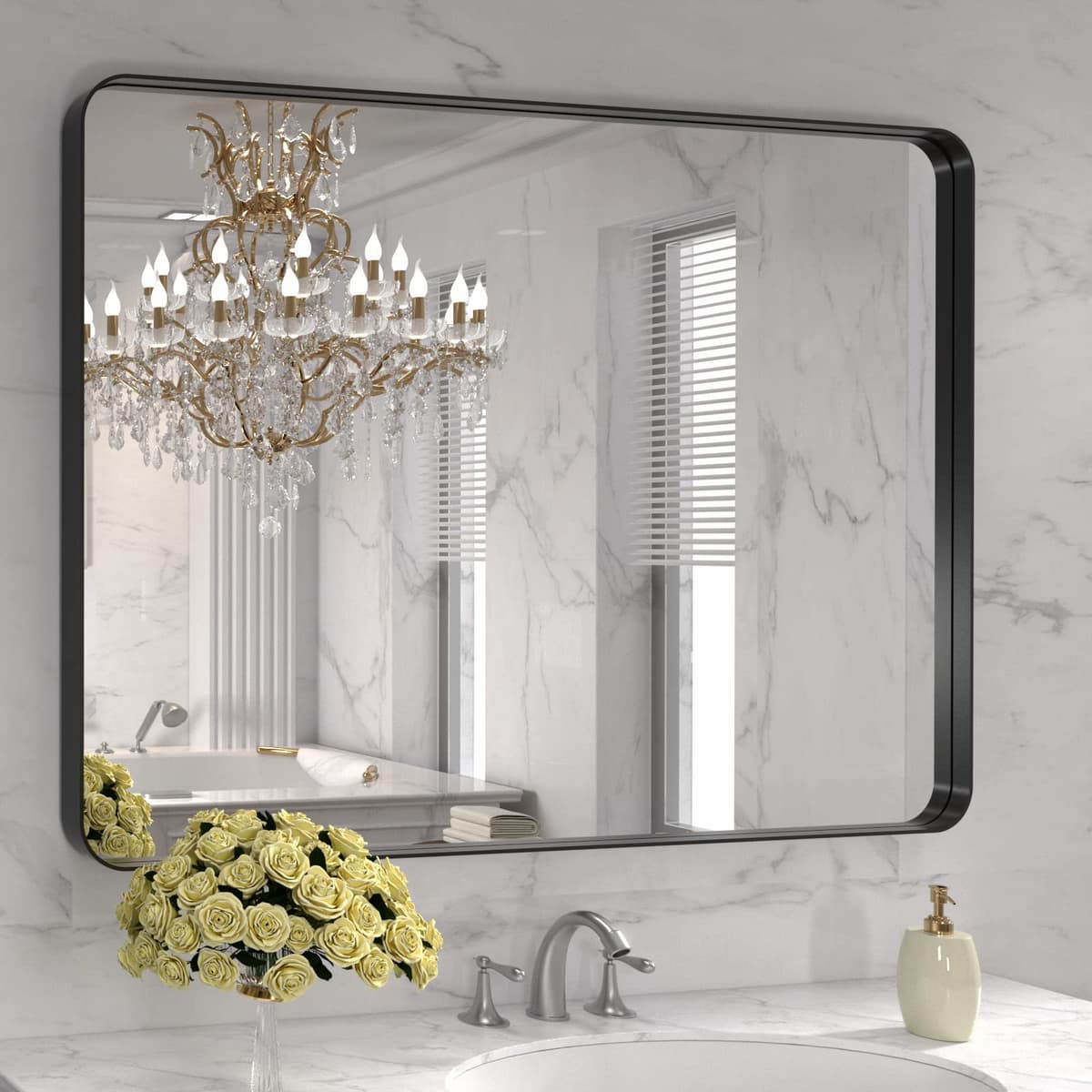 LOAAO 48”X36” Gold Bathroom Mirror, Rounded Rectangle Gold Frame Mirror, Brushed Gold Bathroom Vanity Mirror Wall-Mounted, Anti-Rust, Tempered Glass, Hangs Horizontally or Vertically — view 85