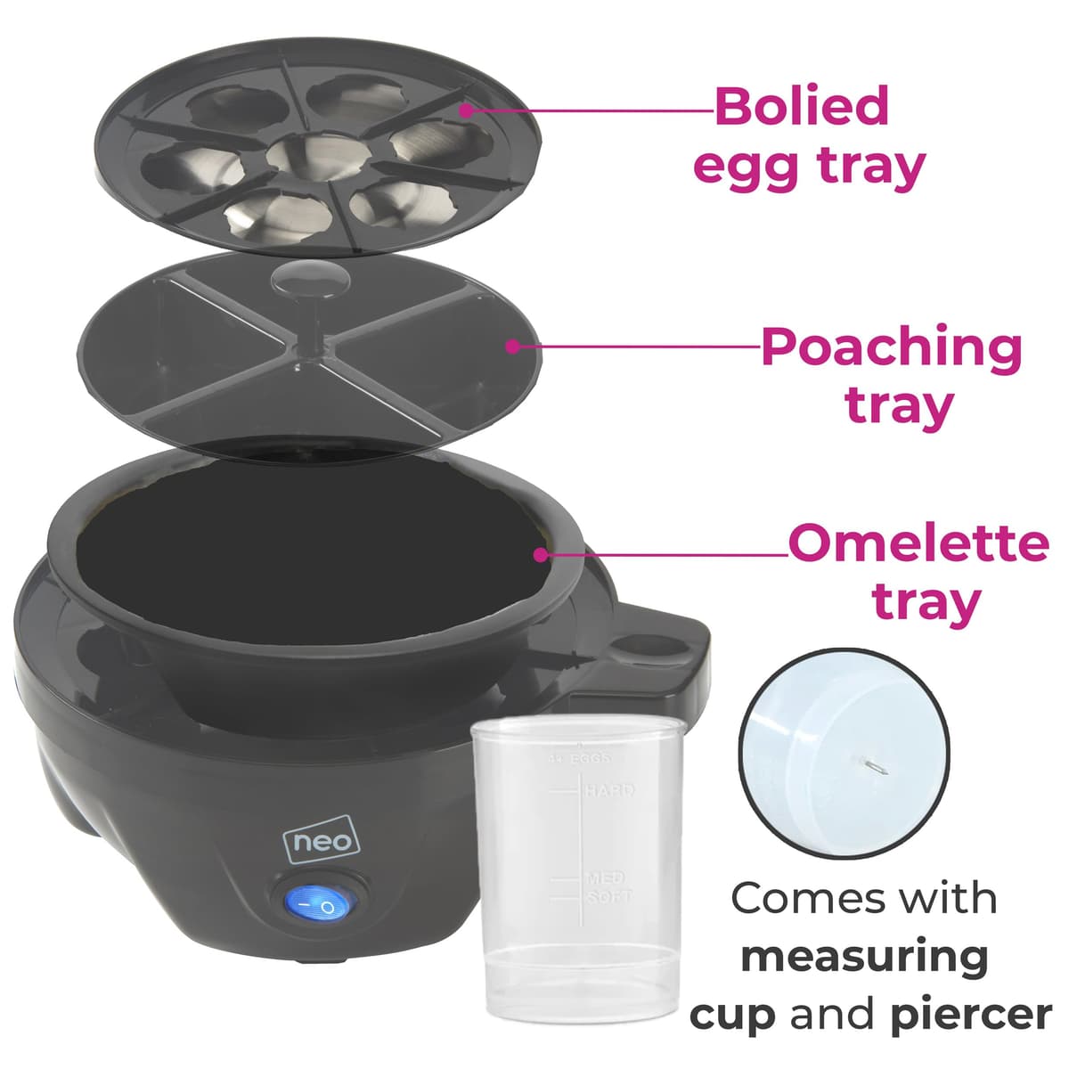 Neo 3 in 1 Durable Kitchen Electric Egg Cooker, Boiler, Poacher Poached Boiled & Omelette Maker Metal Machine Steamer with Timer (Black and Silver) — view 3