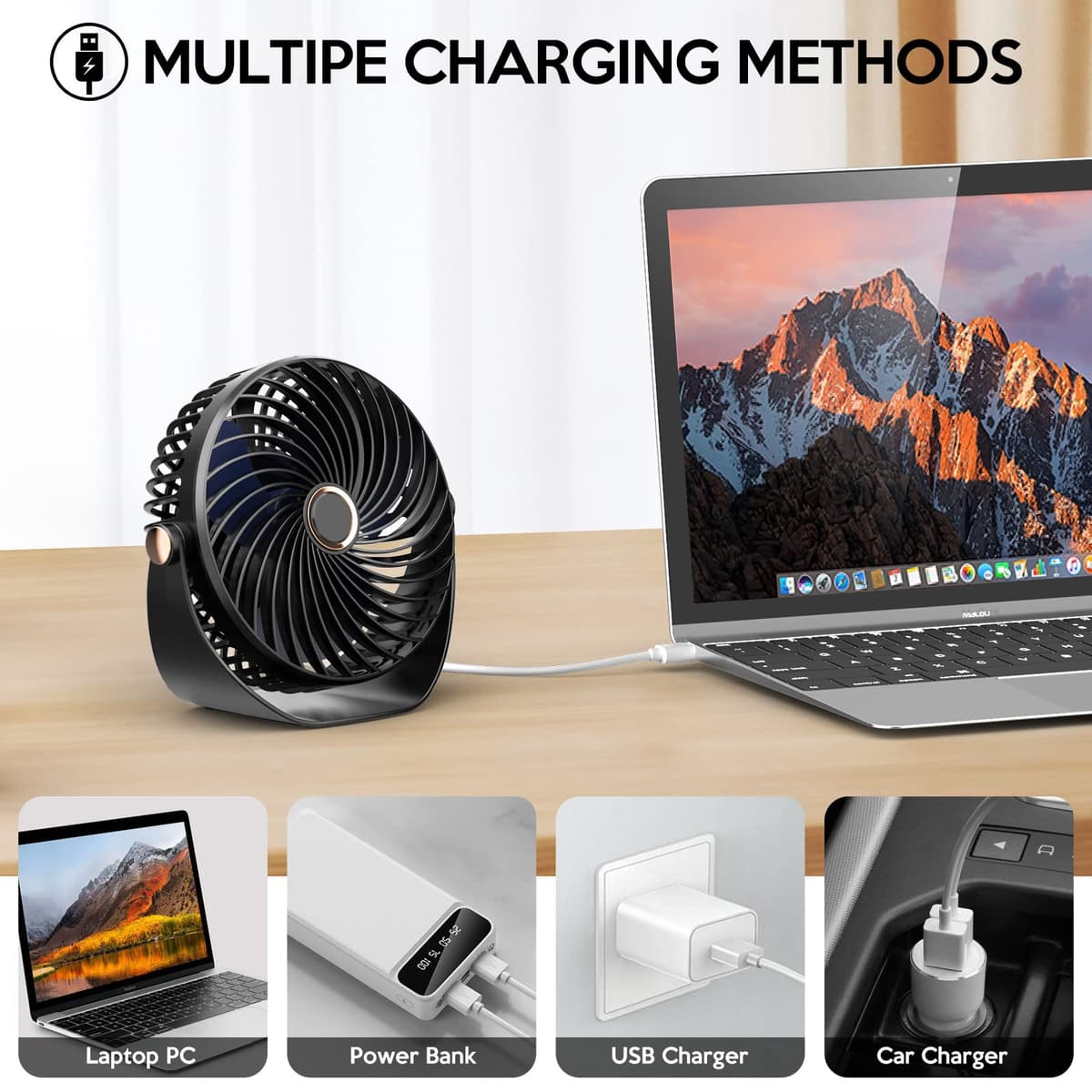 Ventilador de Mesa, Mini Ventilador USB Silencioso, 5 Velocidades,Personal Portátil Ventilador de Escritorio, para Oficina/Hogar/Viajar/Acampar/Cocina, Alimentado por USB (Negro) — view 4