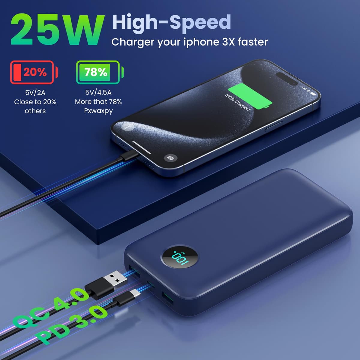 Power Bank 26800mAh con Cable, PD 25W QC4.0 Carga Rápida Batería Externa USB C, 5 Salidas Bateria Portatil con Pantalla LCD Cargador Portátil para iPhone 16/15/14, Samsung Huawei (Azul) — view 3