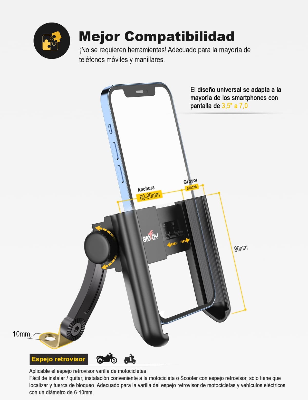 Grefay Soporte Movil Moto Soporte Movil Scooter Desmontaje Rápido 1S Soportes Teléfono Espejo Retrovisor Motocicleta con 360 ° Giratorio ​​para Teléfonos de 3.5-7.0 Pulgadas — view 4