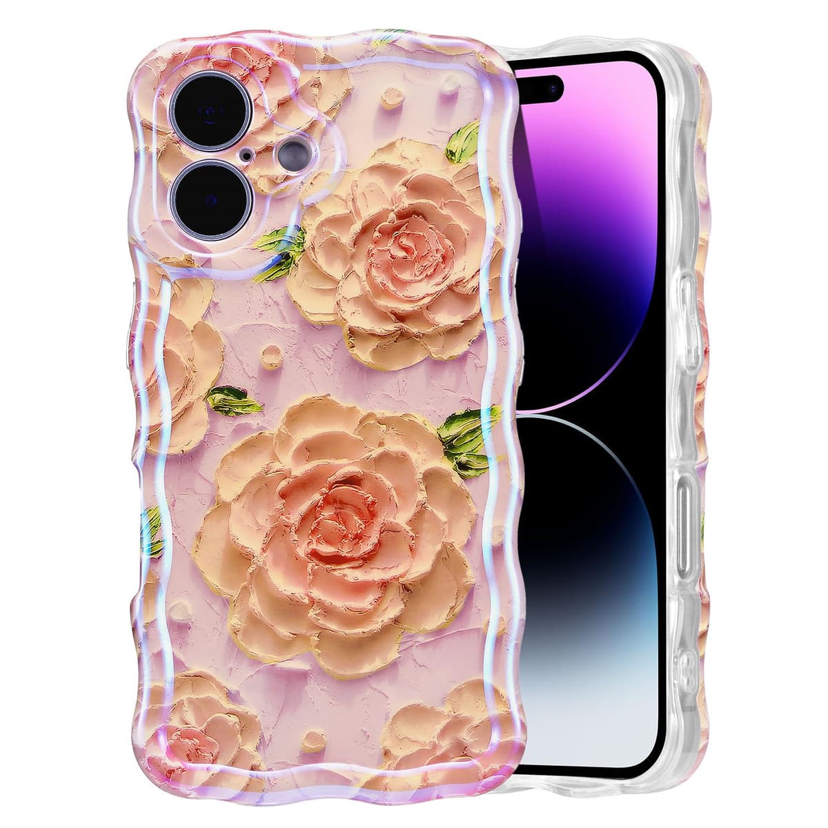 EYZUTAK Case for iPhone 16, Colorful Retro Oil Painting Printed Flower Laser Glossy Pattern Cute Curly Wave Edge Exquisite Phone Cover Stylish Durable TPU Protective Case for Girl Women-Green — view 13