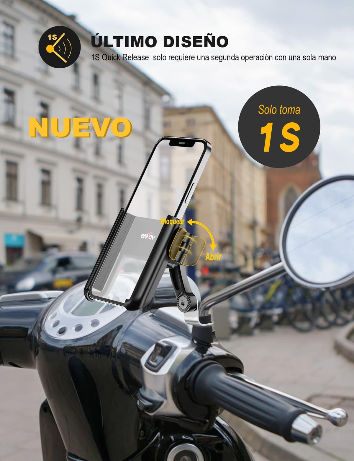 Grefay Soporte Movil Moto Soporte Movil Scooter Desmontaje Rápido 1S Soportes Teléfono Espejo Retrovisor Motocicleta con 360 ° Giratorio ​​para Teléfonos de 3.5-7.0 Pulgadas — view 2