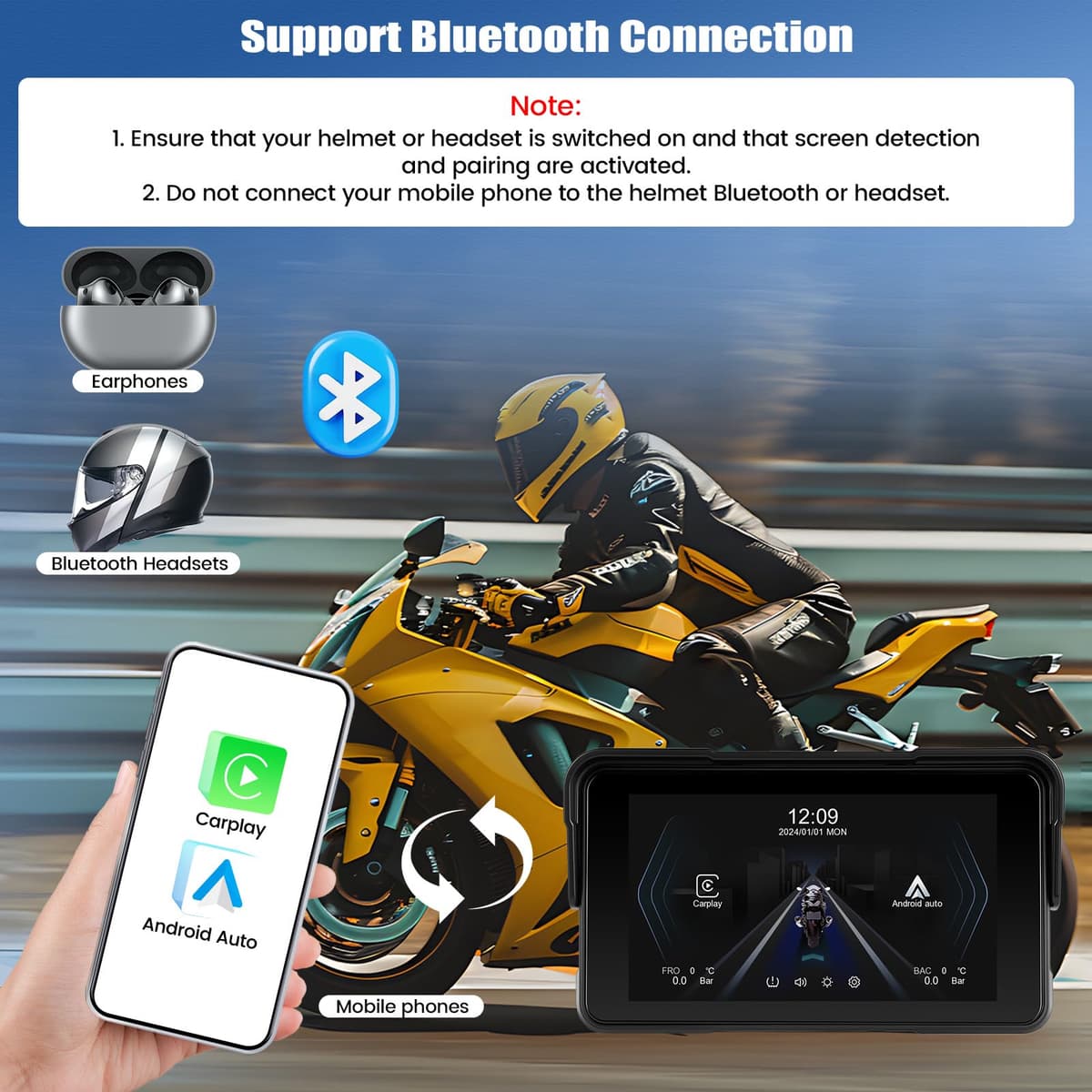 CAMECHO navegador Moto con Wireless CarPlay/Android Auto, Pantalla carplay Moto 5" HD IP68 Impermeable para Motocicletas con Car Play/Bluetooth/detección de presión — view 5