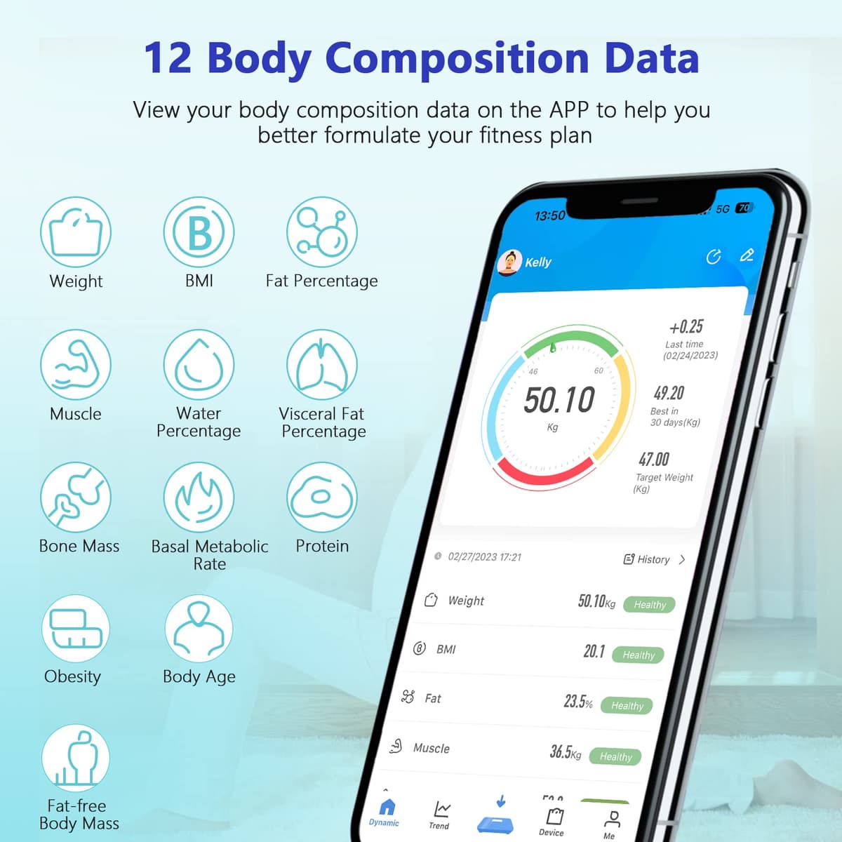 Diboniur Precision Smart Digital Bathroom Scale, Body Weight Scale for IOS and Android, Scales with 12 Indicators – Weight, Body Fat, Muscle (Black) — view 2