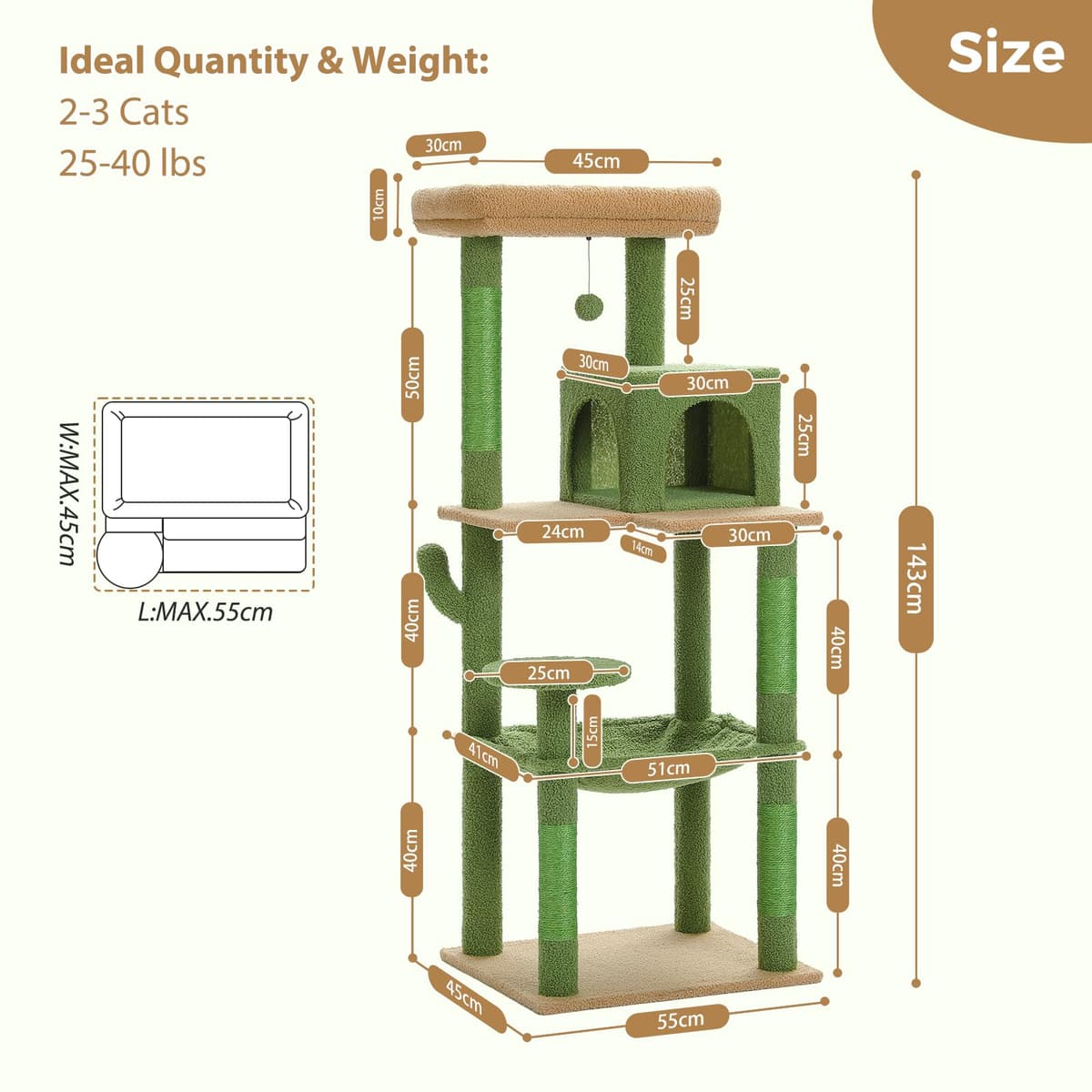PAWZ Road Cactus Cat Tree Big Cat Tower 143cm, Activity Center Stable and Sturdy, 56.3 Inches Cat Tree with Hammock and Lovely Cat House Size L Green — view 2