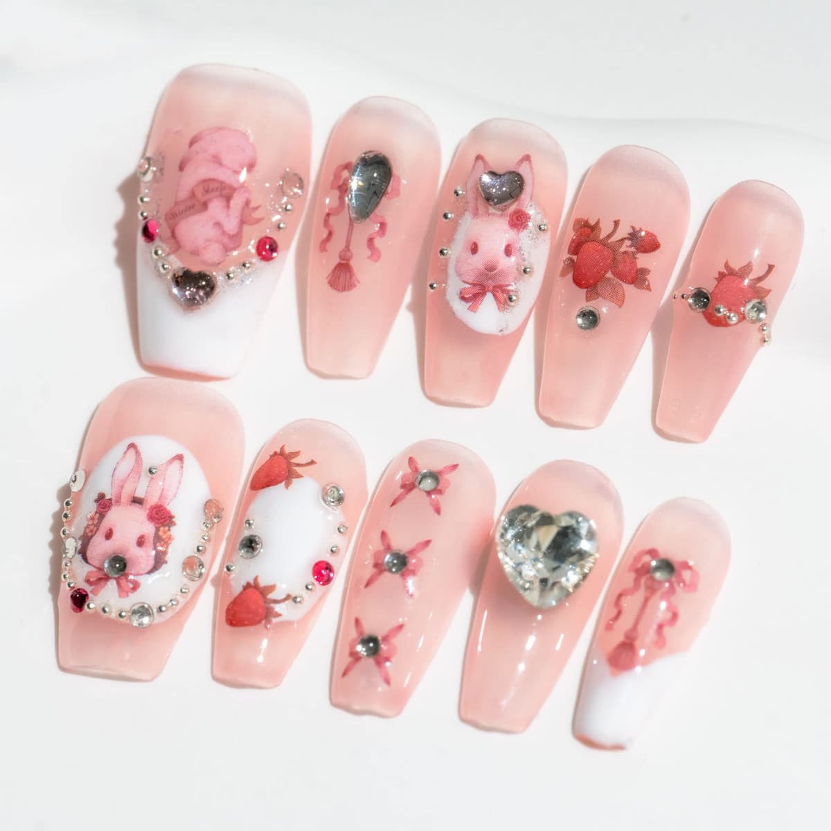 Sun&Beam Nails Handmade Press On Nail Long Coffin Ballerina Pink Flower Acrylic Fake Tip 3D Design Art Charms Cute with Storage Box 10 Pcs (S) — view 219