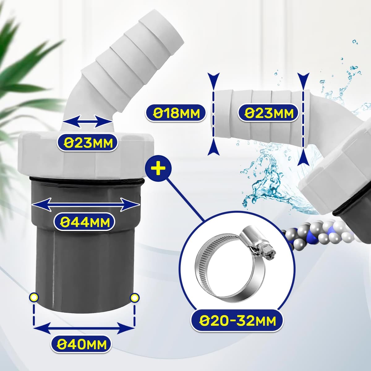 Adaptador Empalme Desague Lavadora con Salida para Tubo Ø40 mm y Entrada Ø18-23 mm - Adaptador Desagüe para Lavavajillas Incluye 1 Pieza de Abrazadera Ø20-32 mm - Garantía de 10 Años - MONTERAL — view 2