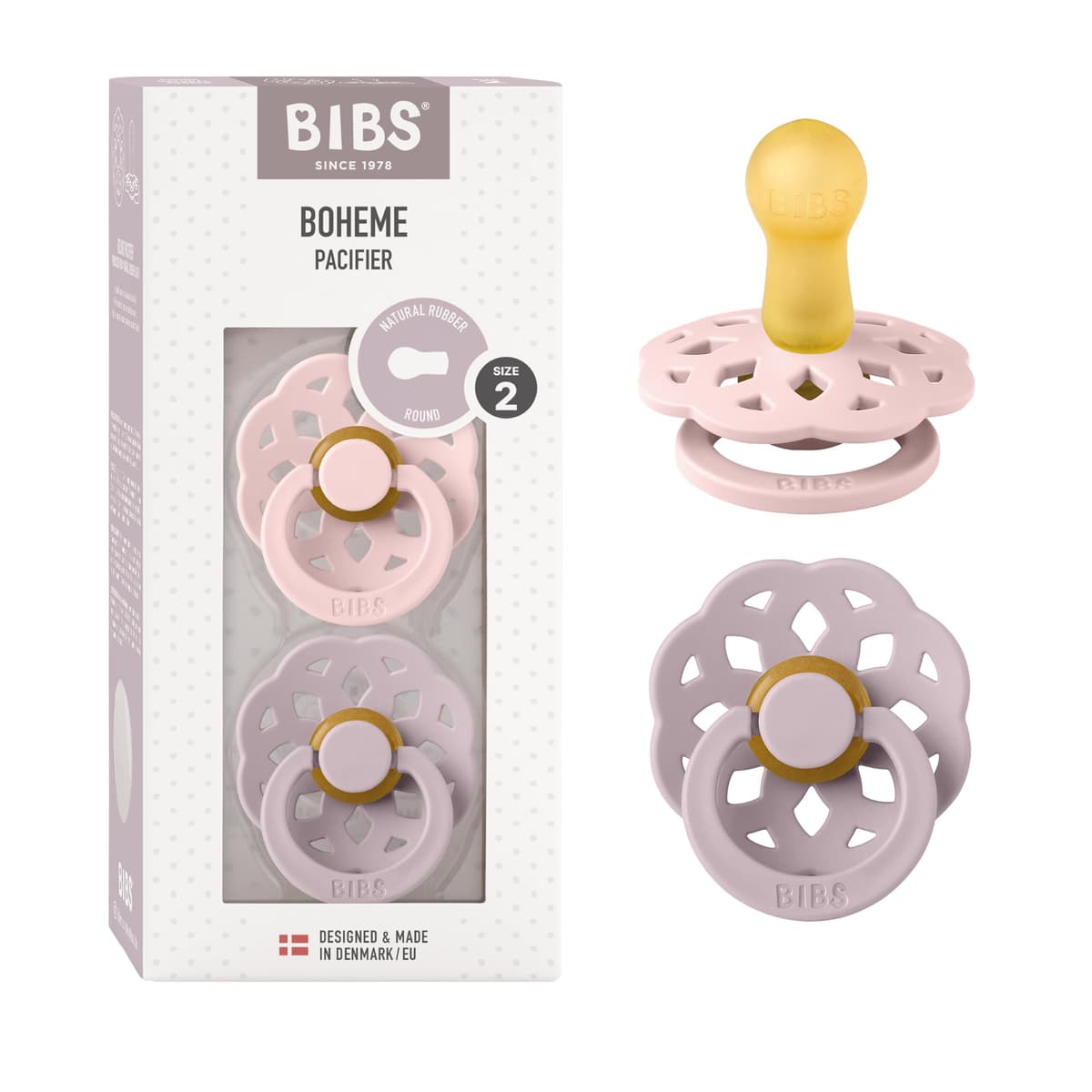 BIBS Boheme Soother 2-Pack. BPA Free. Round Nipple. Natural Rubber Latex, Made in Denmark. Size 2 (6-18 Months), Blossom/Dusky Lilac