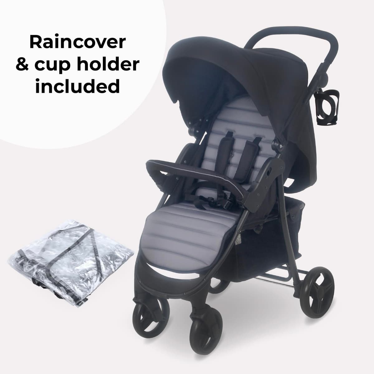 My Babiie MB30 Pushchair – from Birth to 4 Years (22kg), Easy Compact Fold, Large Shopping Basket, Adjustable Handle, Stroller Includes Cup Holder, Rain Cover – Black & Grey — view 2
