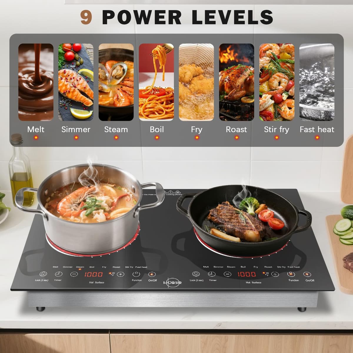 Hobsir Plug in 2 Zone Ceramic Hob, 2 Ring Electric Hob 60cm Countertop&Built-in Cooktops with 9 Power Levels, Timer, Safety Lock & Sensor Touch Control, 3200W, 220-240V — view 3