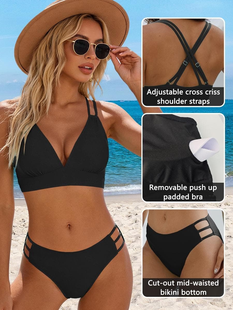 Mujer Bikini Sexy Traje de Baño 2 Piezas Cuello en V Bikinis Brasileño con Triángulo Bañadores Bikini Top y Braga Cintura Alta Conjunto de Bikinis Playa — view 4