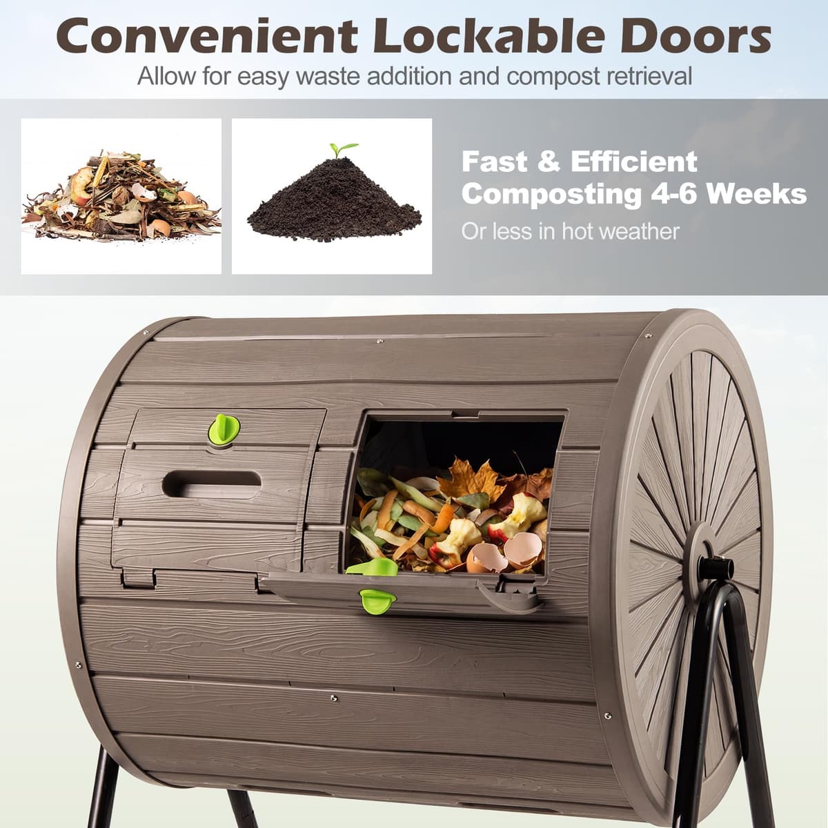 COSTWAY 142L Tumbling Composter, Dual Chamber Rotating Garden Compost Bin with 2 Lockable Doors, BPA-Free Compost Waste Bin Tumbler for Kitchen Yard Farm, Easy Assembly (Coffee) — view 4