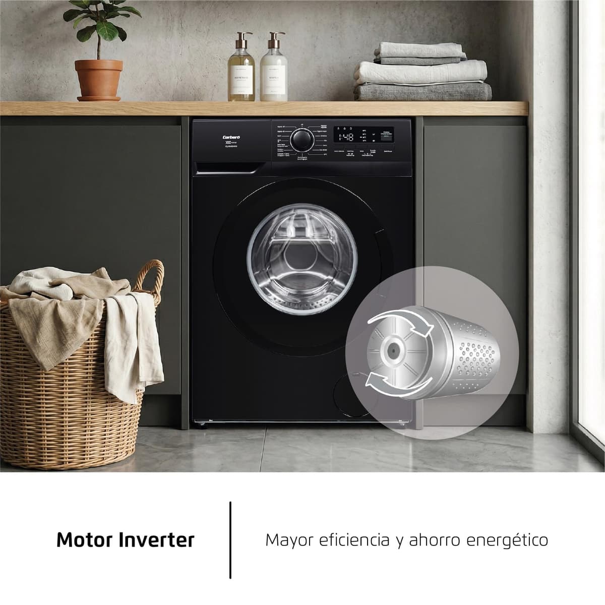 Corberó - Lavadora Premium 9kg | CLAM9046N | 1350 rpm | Motor Inverter | Función Vapor| Función Eco | Incio Diferido | Lavado Rápido 15 min | Display Touch | Negro — view 4