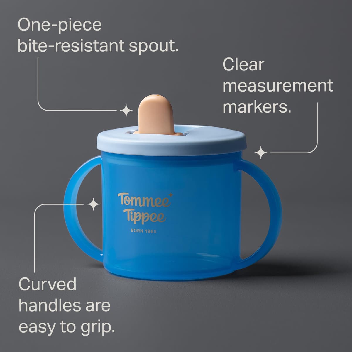 Tommee Tippee First Cup, 190ml, Non-Spill Sippy Cup for Babies 4 Months+, with Free-Flow Flip-Down Spout and Easy to Hold Handles, Orange, Blue and Green, 3 Pack — view 3