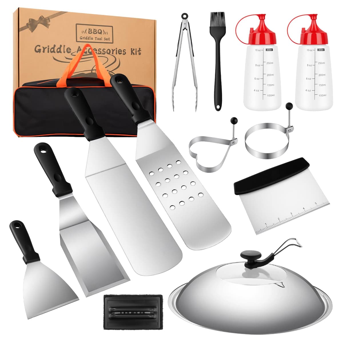 Barbecue Accessories Kit 14 PCS – Extra Thick Stainless Steel BBQ Tool Set with Spatula, Tongs, Burger Press & Basting Brush – Complete Griddle Utensils Gift for Outdoor Cooking & Men