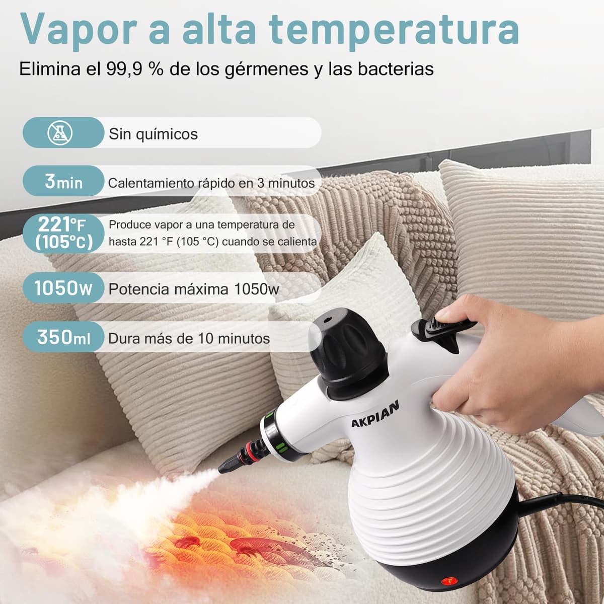 Limpiador a Vapor Portátil, Limpiador a Vapor, Limpiador Multifunción, con Bloqueo de Seguridad, Incluye un Juego de 10 Accesorios, Apto para Cocinas, Cortinas, Sofás, Baldosas y Baños — view 2