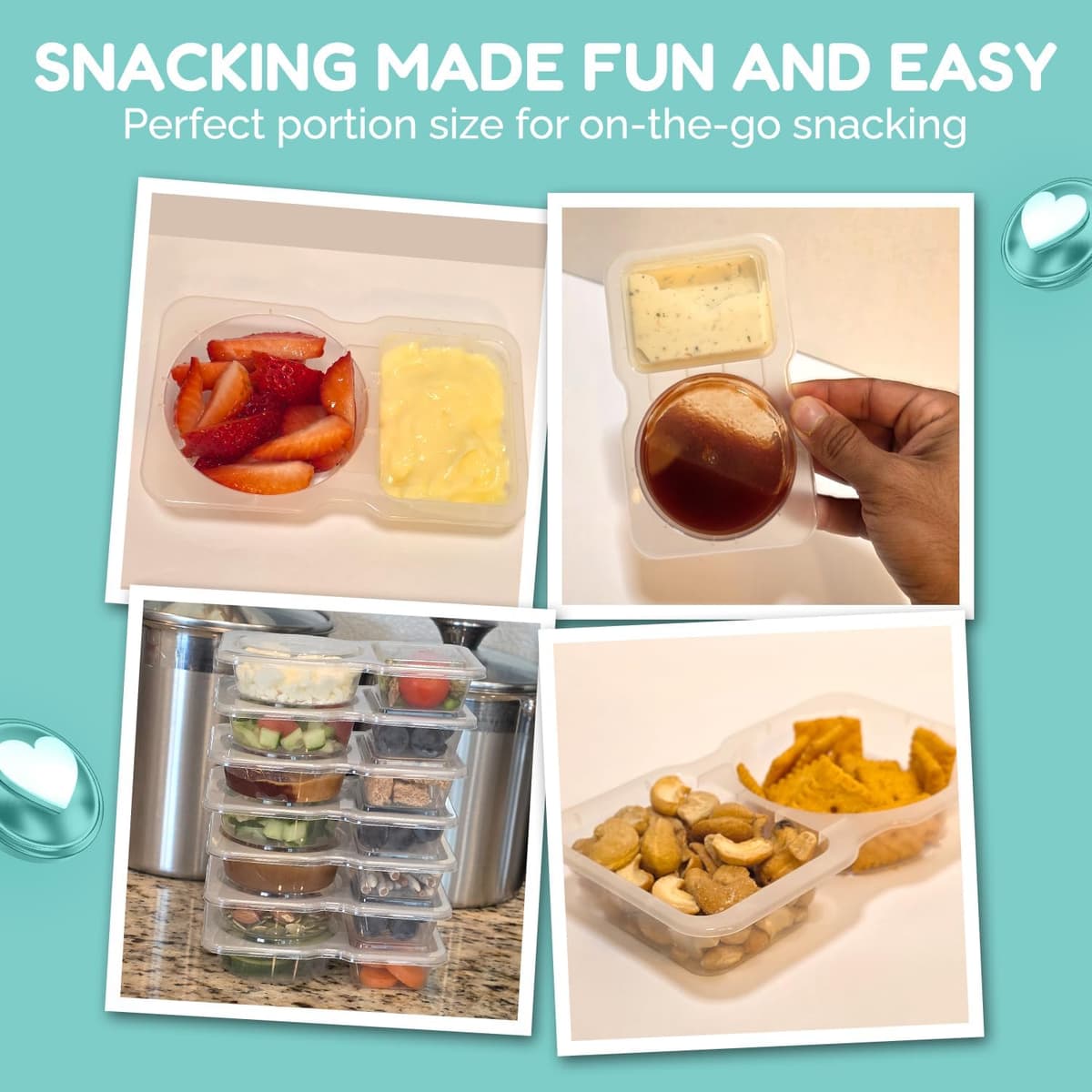 Reusable Snack Containers with Lids 10 Pack (20 Pieces) Portion control, Snack Pack Containers 2 Double Compartment Snack Containers for Kids On the Go Meals, Camping Snack Tray Prep — view 7