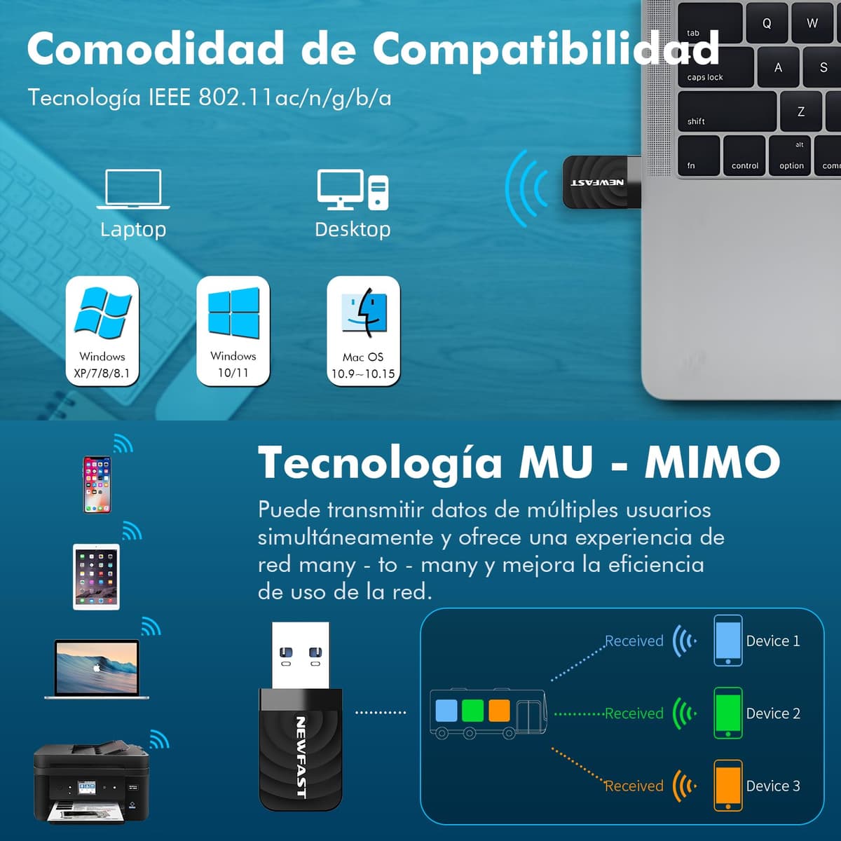 NEWFAST Adaptador WiFi USB para PC 1300Mbps, 5GHz/2,4GHz Receptor WiFi, Dongle Wi-Fi Antena Wi-Fi USB3.0, Compatible Windows 11/10/8/8.1/7,Mac OS 10.9-10.15 — view 5