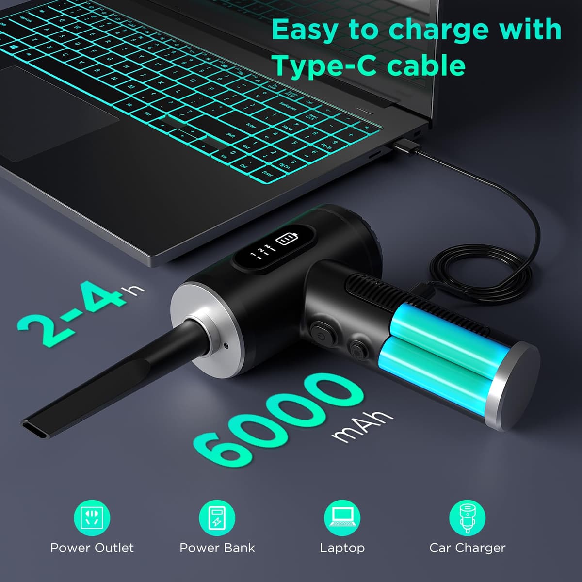 ONEWAY Compressed Air Duster Cleaner for PC, Electric Air Duster Rechargable,Cordless Reusable Air Blower Duster with LED Light,3 Gear Digital Air Duster,Replace Canned Air Duster for Laptop,Keyboard — view 4