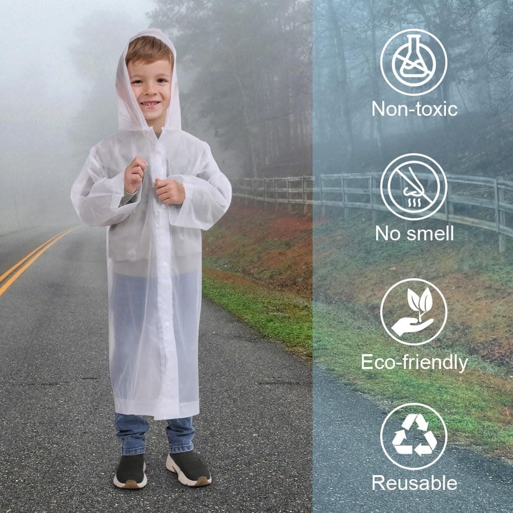 Vicloon Chubasquero Niño 2PCS Reutilizable Capas de Lluvia Impermeable EVA Poncho de Lluvia con Capucha Espesar Altura Niño Niña Entre 120-150 cm para Viajar, Senderismo, Acampar y Al Aire Libre — view 7
