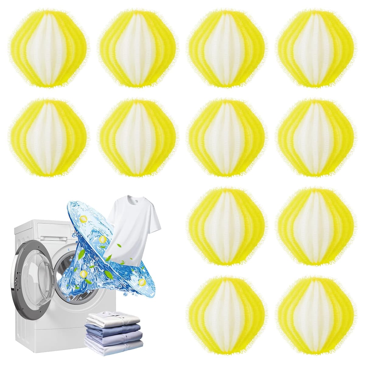 12 Bolas de Lavado Atrapapelos, Reutilizables para Lavadora y Secadora, Elimina Pelos de Mascotas y Pelusas de la Ropa (Amarillo)