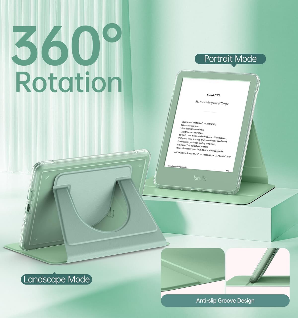 MoKo 360° Rotating Case for 6" All-New Kindle (11th Generation-2024/2022 Release), Clear Back Detachable Magnetic Protective Adjustable Stand Cover with Auto Wake/Sleep, Agave Green — view 4