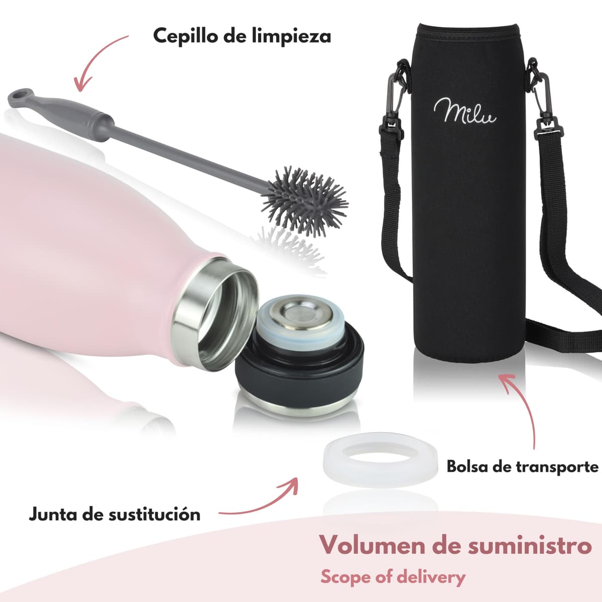 Milu Botella de acero inoxidable de 350ml 500ml 750 ml 1 L 1,5 L botella de agua aislada, termo a prueba de fugas, doble pared, apta para ácido carbónico + cepillo de limpieza (Azul Violeta, 350ml) — view 11