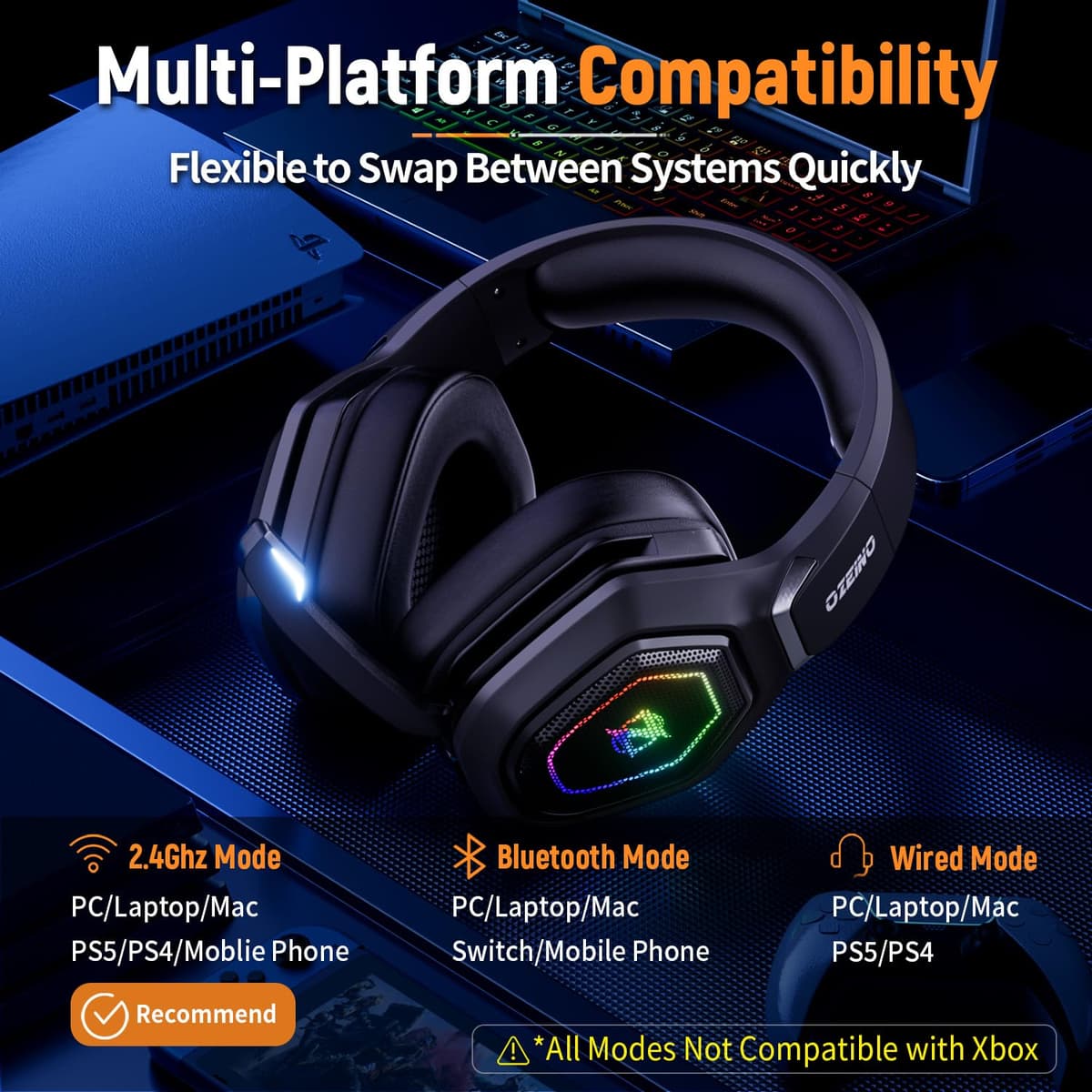 Ozeino Wireless Gaming Headset, Compatible with PC Ps5 Ps4 Boasts 2.4GHz Lossless Audio, USB & Type-C, Flip Microphone and 40-Hr Battery - Suited for Switch, Laptop, Mac — view 3