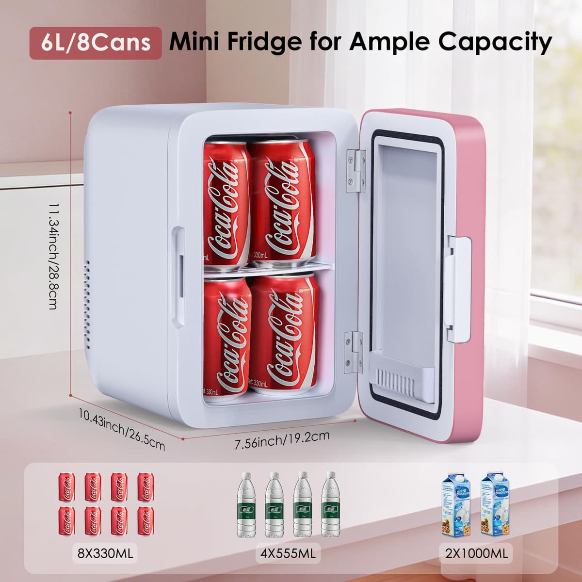Astarama Nevera Pequeña,6 Litros/8 Latas, 220V AC/12V DC, Enfriador y Calentador Termoeléctrico, Mini Nevera Compatible Coche y Caravanas.Mini Frigorifico Para Bebidas, Cosméticos. (Rosa) — view 2