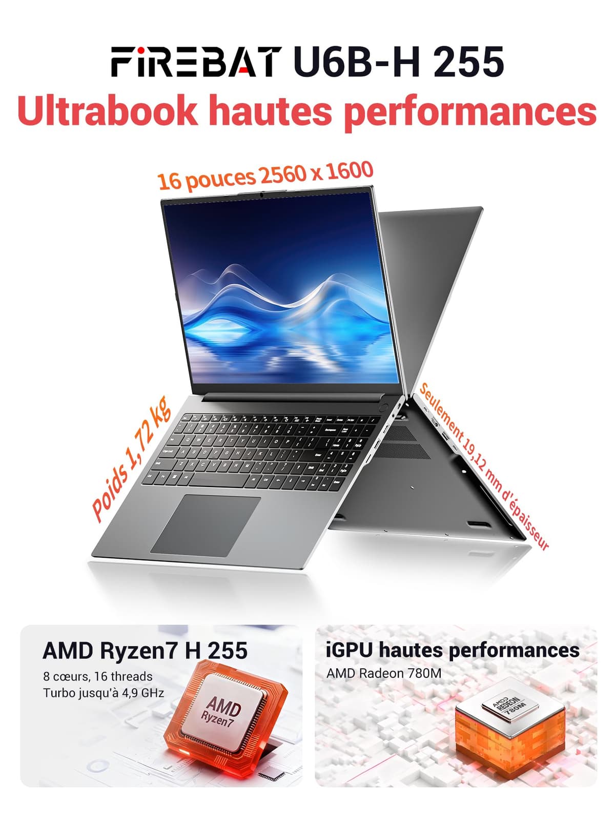 Portátil para Juegos de 16 Pulgadas, Ryzen 7 H 255 (Superior a 7735HS/7730U/7430U), hasta 4,9 GHz, 16 GB de RAM a 5600 MHz, SSD de 512 GB, 2560 x 1600 QHD, WiFi 6, BT 5.2, Gris【U6B H 255】 — view 2