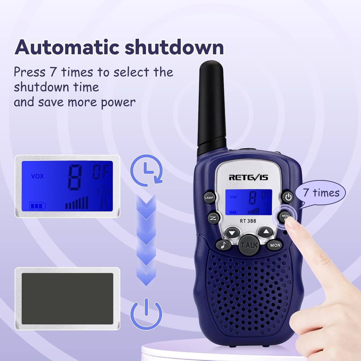 Retevis RT388 Walkie Talkie Niños PMR446 8 Canales Pantalla LCD Linterna Vox 10 Tonos de Llamada Bloqueo de Canales Talkie Walkie Juguete para Niño (Azul Oscuro, 1 Par) — view 5