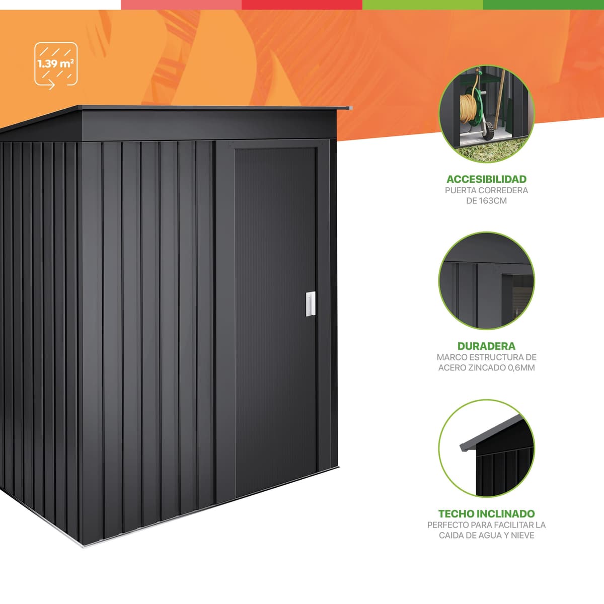 Wasabi - Armario Exterior Terraza 1,39m2 Neat Antracita - Puerta Corredera - Techo Inclinado - 162x86x181cm - Caseta Jardín Resistente - Cobertizo Almacenamiento — view 2