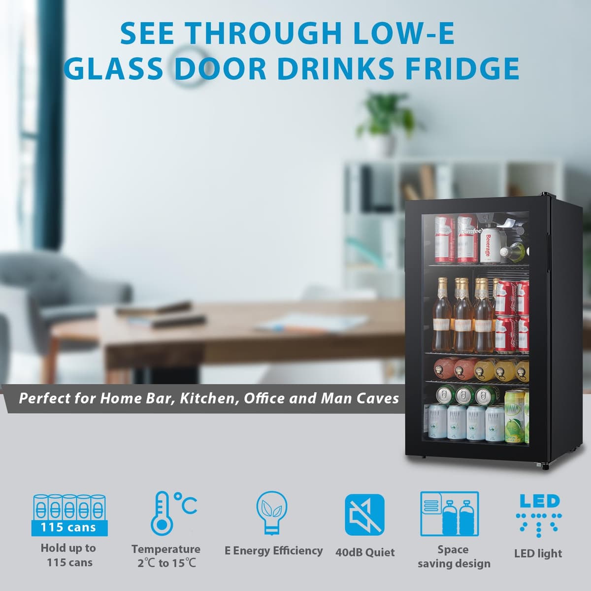 COMFEE' RCZ99BG2(E) Under Counter Beer & Drinks Fridge-93L Capacity,Holds up to 115 Cans, Premium Temperature Performance (2℃ to 15℃), Glass Door, Removable Shelves, LED Light, Low Noise — view 4