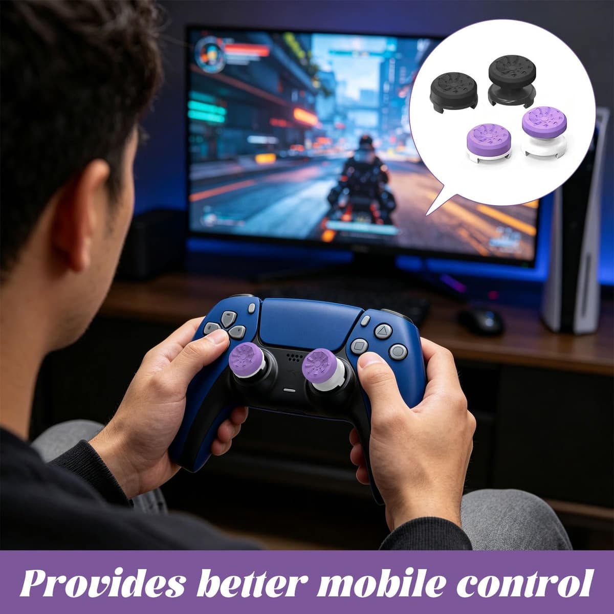 for Ps5 Thumb Grips, 4 Pcs FPS for PS4 and PS5 Controller Grips Enhanced Accuracy, Comfort, and Grip with PS5thumbsticks Covers (2 High-Rise, 2 Mid-Rise, Black and Purple) — view 4