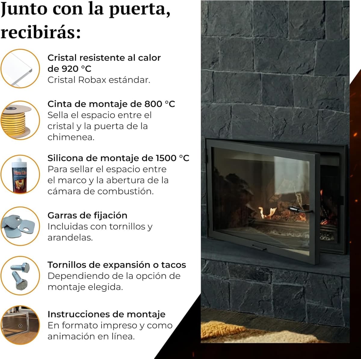 Puerta de horno de chimenea con cristal para hornos de pizza y acero para caldera. Apertura: derecha | Tirador a la izquierda. Ventana grande. (70x50cm) — view 5