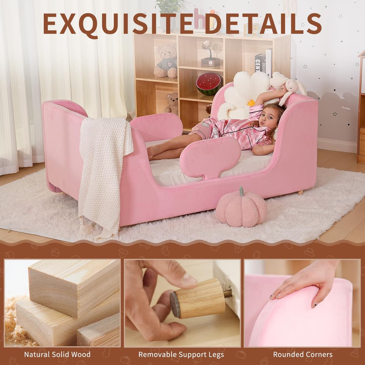 Toddler Bed, Whole Soft Padded Kids Beds with Extra Safety Guardrail, Low Frame Bed for Toddlers Girls Boys Children, 140x70cm (Mattress NOT Included) — view 2