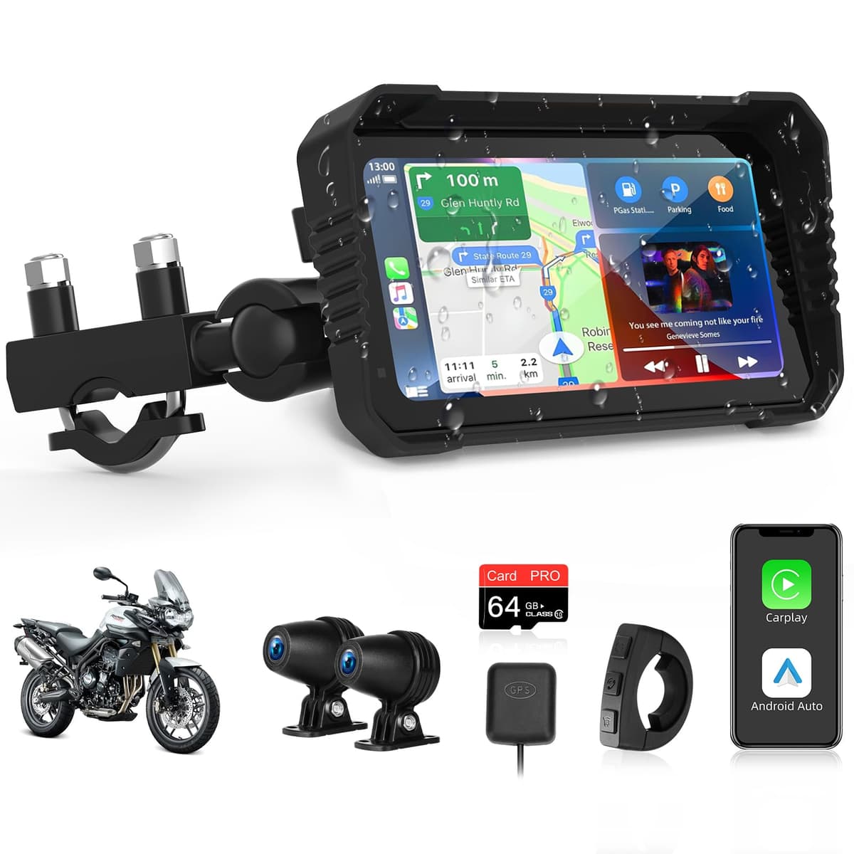4K Carplay Moto Android Auto 6.25 Pulgadas Pantalla TáCtil con Dashcam Delantera Trasera, Navegador GPS Moto Conectar y Usar IP67 Impermeable Doble Bluetooth Siri/Goo.gle Assistant
