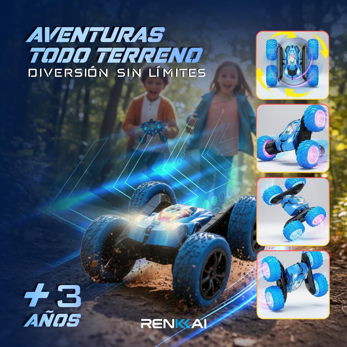 RENKKAI Coche Teledirigido Niños 3 4 5 6 7 8 Años | Coche teledirigido niños 4 años | Juguete Niño Regalo 3 4 5 6 7 8 9 12 Años | 2.4Ghz con Luces | Coches para Niños | ACROBÁTICO 360° — view 7
